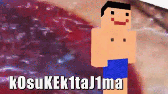 a pixelated man is standing in front of a purple background with the words kosukek1taj1ma written below him