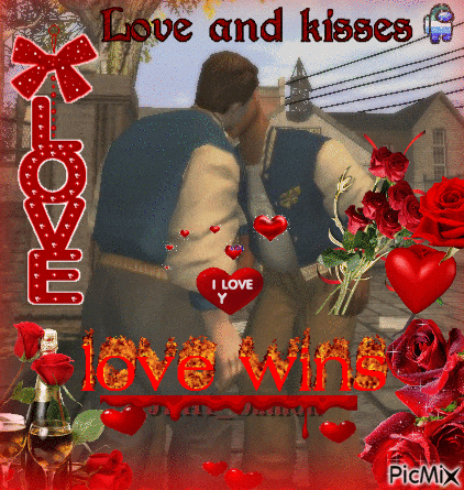 a picture of a couple kissing with the words love and kisses