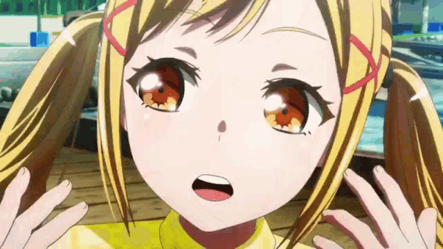 a close up of a blonde anime girl with pigtails and orange eyes