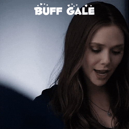 a close up of a woman 's face with the words buff gale behind her