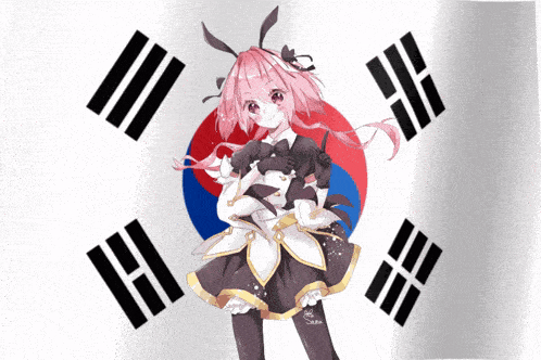 a girl with pink hair is standing in front of a flag
