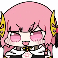 a cartoon drawing of a girl with pink hair and a yellow bow in her hair .