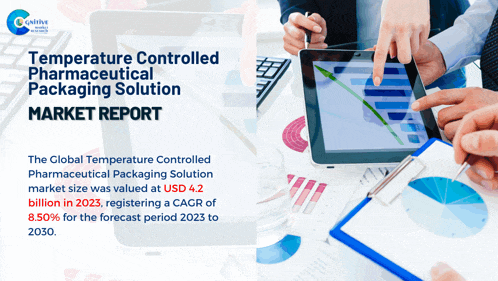 a group of people looking at a tablet with the words temperature controlled pharmaceutical packaging solution market report on the bottom