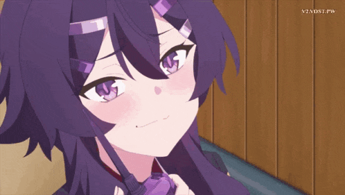 a girl with purple hair and blue eyes is looking at something