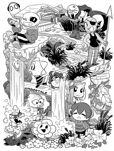a black and white drawing of undertale characters with a waterfall in the background