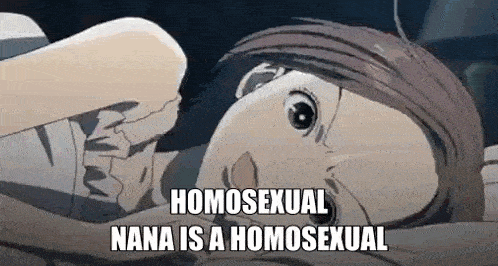 a cartoon of a girl laying on a bed with the words `` homosexual nana is a homosexual '' .