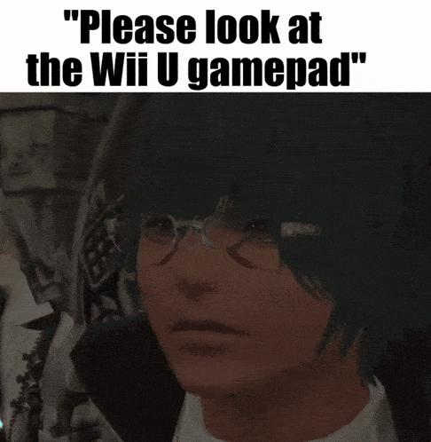 a screenshot of a video game character with the words " please look at the wii u gamepad "