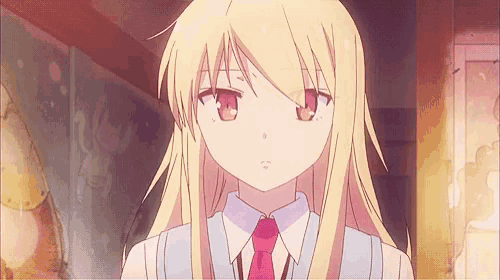 a blonde anime girl with long hair and red eyes is wearing a blue vest and red tie .