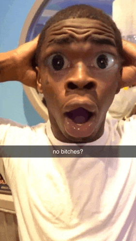 a man is making a funny face with the words no bitches on the bottom