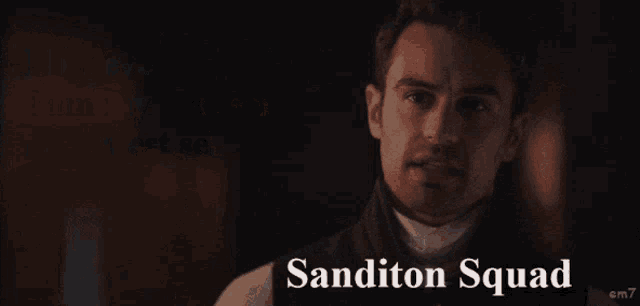 a man with a quote that says sanditon squad on it