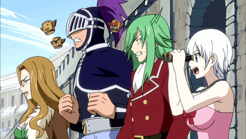 a group of anime characters are standing in front of a building and one of them is looking through binoculars