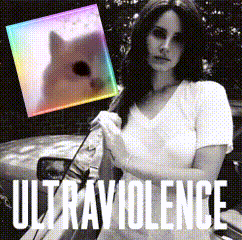 a black and white photo of a woman holding a rainbow flag with the words ultraviolence written below her