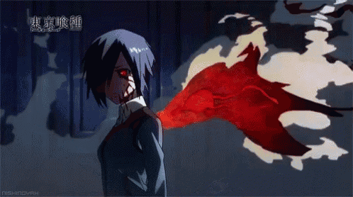 a girl with purple hair and red eyes is standing in a dark room