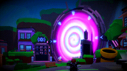 a video game character is standing in front of a giant purple portal