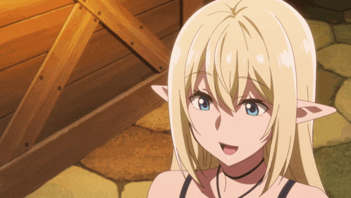 a blonde anime girl with blue eyes and elf ears is smiling