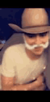 a man wearing a cowboy hat and a fake mustache