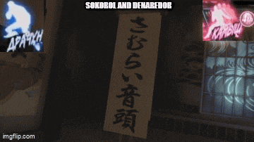 two samurai are dancing in front of a sign that says arakch