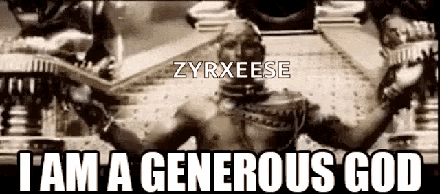 a black and white photo of a statue with the words `` i am a generous god ''