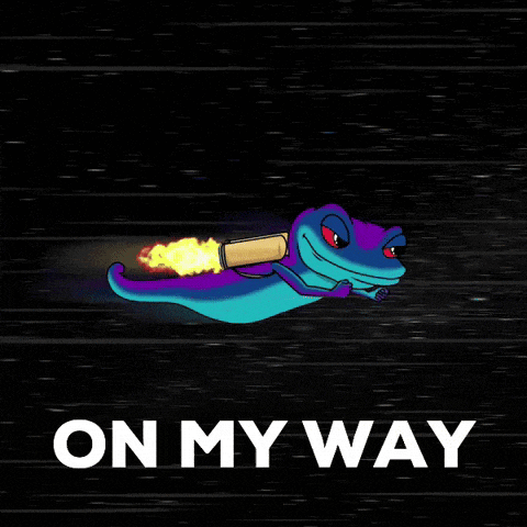 a cartoon lizard is flying through space with the words on my way below