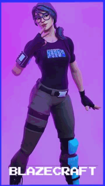 a woman is standing in front of a purple background wearing a t-shirt that says blazecraft on it .