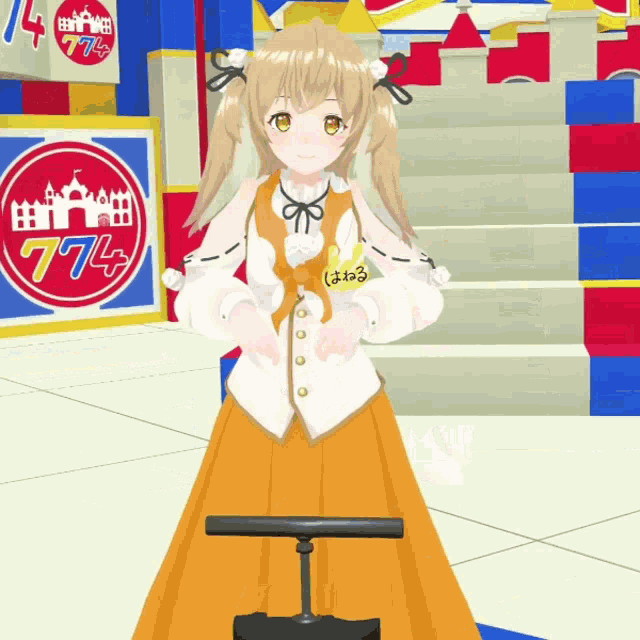 a girl in an orange dress is standing in front of a sign that says 774
