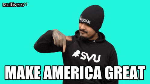 a man wearing a hoodie that says svu says make america great