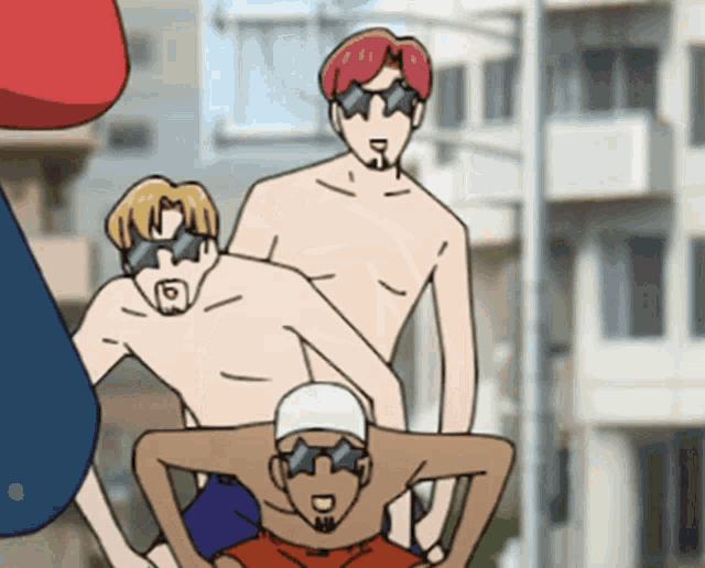 a cartoon of three naked men wearing sunglasses and a hat with the letter d on it