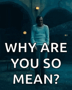 a man standing in a dark room with the words " why are you so mean "