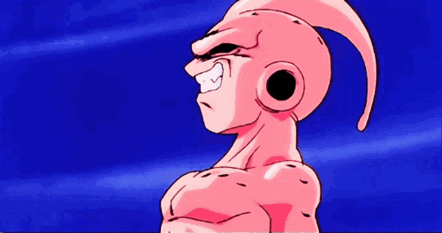 a close up of a cartoon character with a pink head