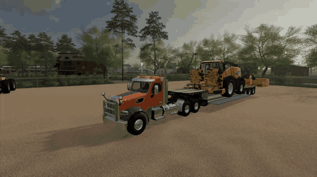 an orange semi truck is carrying a large yellow tractor
