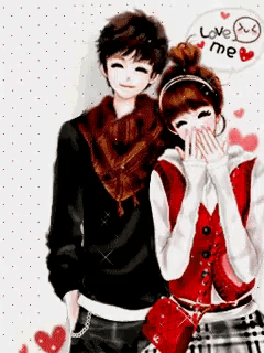 a boy and a girl standing next to each other with a speech bubble saying love me
