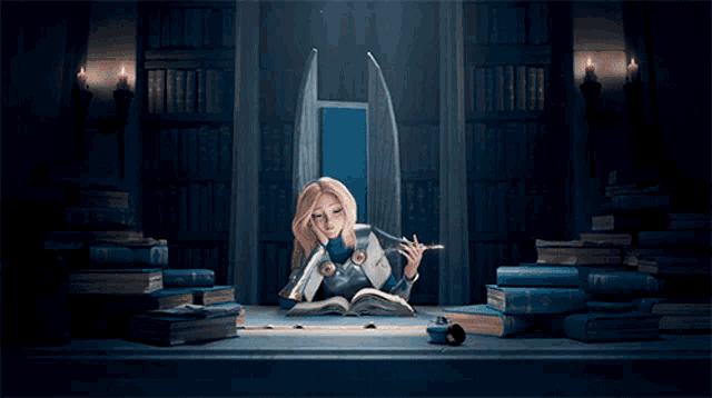 a cartoon character is laying on a table reading a book in a library
