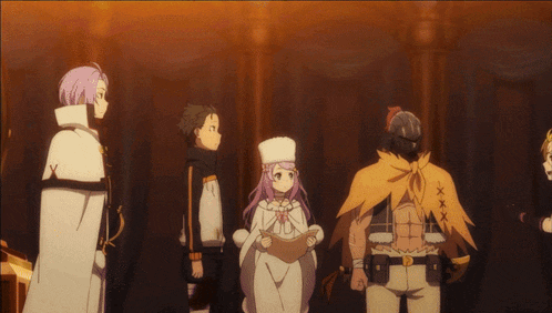 a group of anime characters are standing in a line including a girl with pink hair