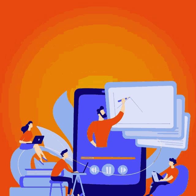 an illustration of a group of people watching a video on a phone