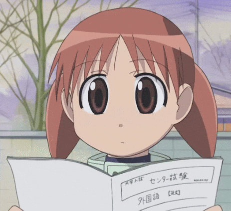 a cartoon girl is holding a piece of paper that says ' foreign language ' on it