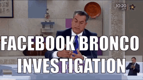 a man in a suit and tie is holding a cell phone and the words facebook bronco investigation are above him