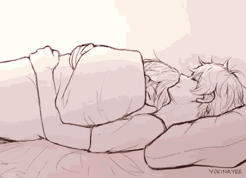a drawing of a man and a woman laying on a bed with the name yukinayee at the bottom