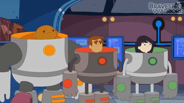 a cartoon of robots with the words bravest warriors at the top