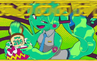a green cartoon character is holding a can of soda and a piece of bread .