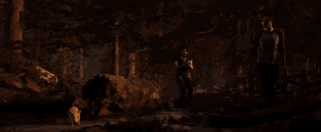 a woman standing in a dark forest with a pig