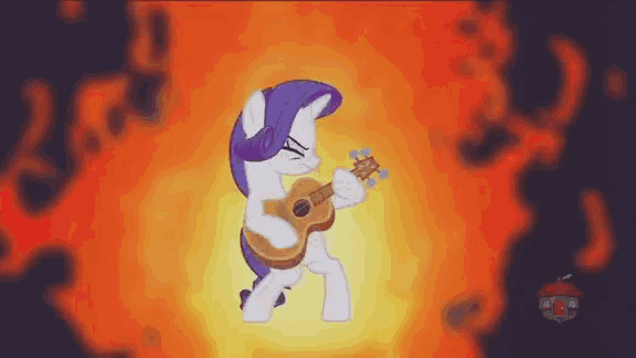 a cartoon pony playing an ukulele in front of a fire