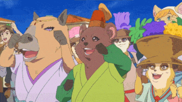 a group of cartoon characters including a bear wearing a kimono