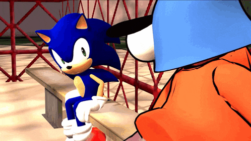 a cartoon of sonic the hedgehog sitting on a bench next to a cartoon character