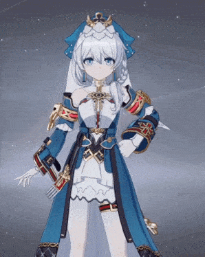 a girl with white hair is wearing a blue coat