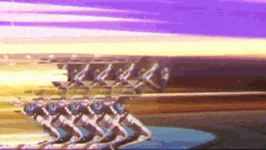 a purple and yellow background with a few lines of people moving