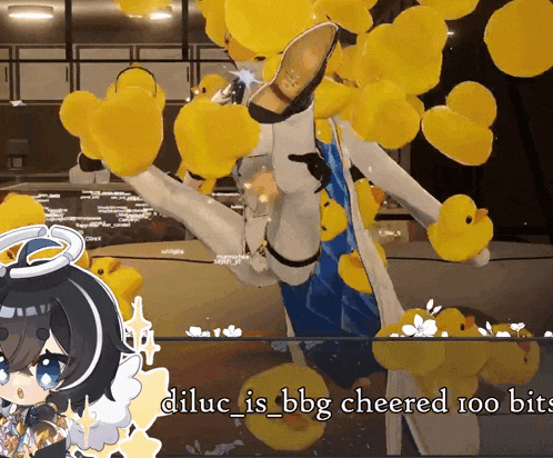 a cartoon character is surrounded by yellow rubber ducks and the words " diluc is bbg cheered 100 bits "
