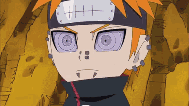 a close up of a cartoon character with purple eyes and a headband with a x on it