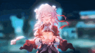 a girl with white hair and red ribbons is holding a light in her hands .