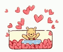a cartoon of winnie the pooh with hearts surrounding him
