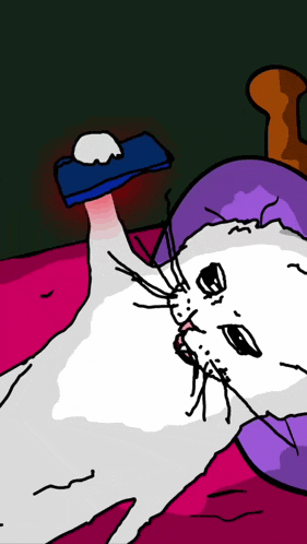 a cartoon of a cat laying on a bed holding a blue object